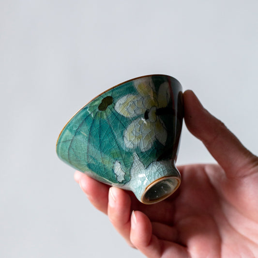 Hand-Painted Porcelain ‘Lotus Pond’ Dou Li Cup, Crackle Glaze 90ml