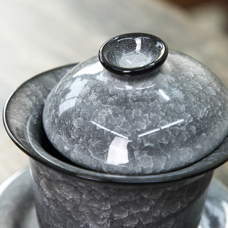 Black ice covered bowl tea set