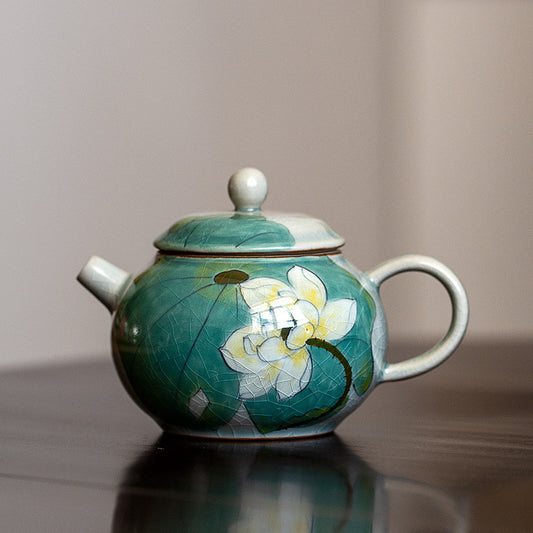 Hand-Painted Porcelain ‘Lotus Pond’ Teapot, Crackle Glaze 150ml
